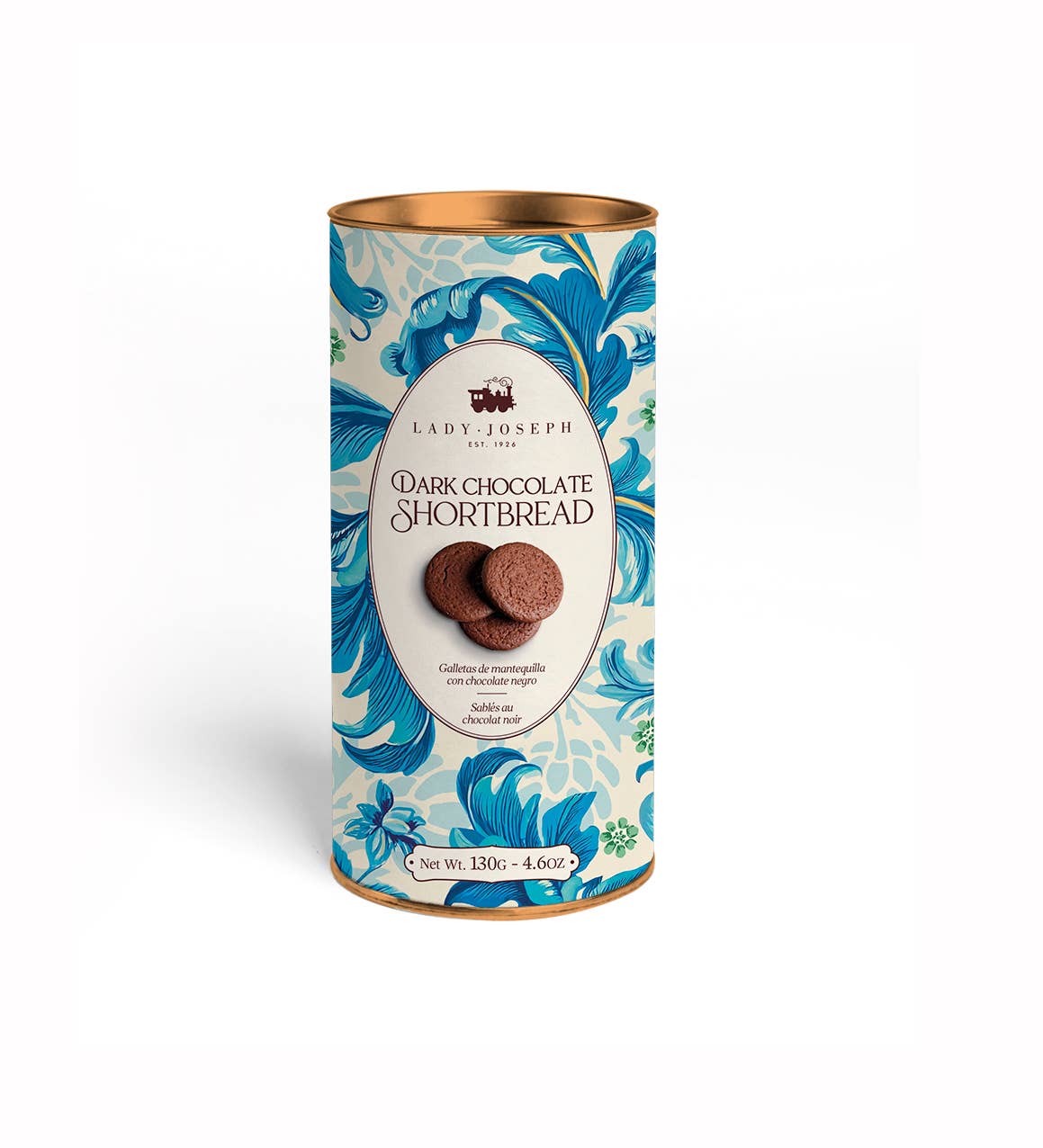 Eine 130-g-Dose Lady Joseph Butterkekse und Schokolade Dunkle Schoko-Shortbread mit blauem Blumenmuster und einem ovalen Etikett mit Text und zwei Shortbread-Keksen.