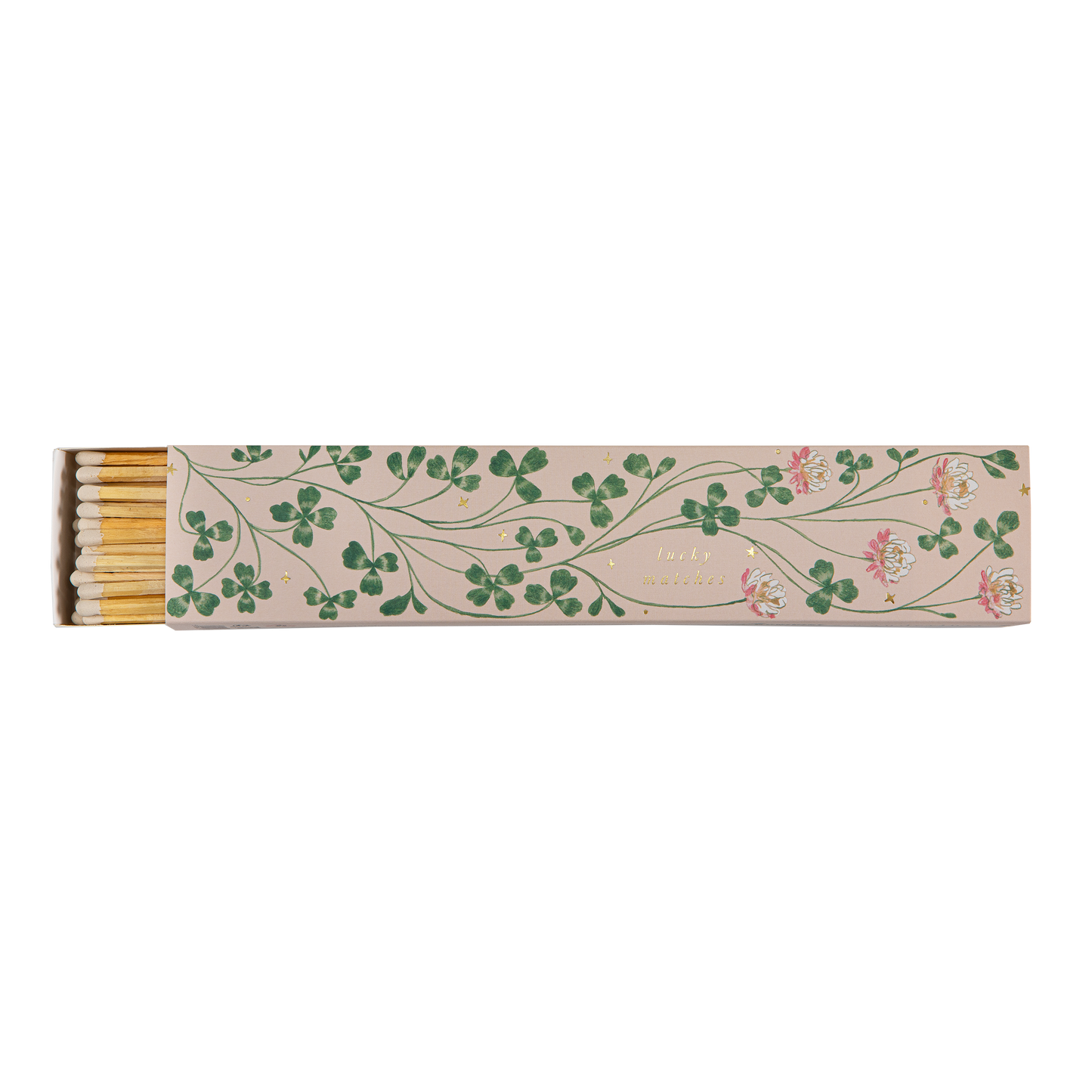 Die Archivist Gallery 'Glücksklee' Lange Streichhölzer besteht aus einer rechteckigen Schachtel mit grünen Blättern und rosafarbenen Blumen auf hellem Grund. Die Schachtel lässt sich teilweise öffnen und gibt den Blick auf die Streichhölzer frei. Ein charmantes Geschenk für jeden Anlass.