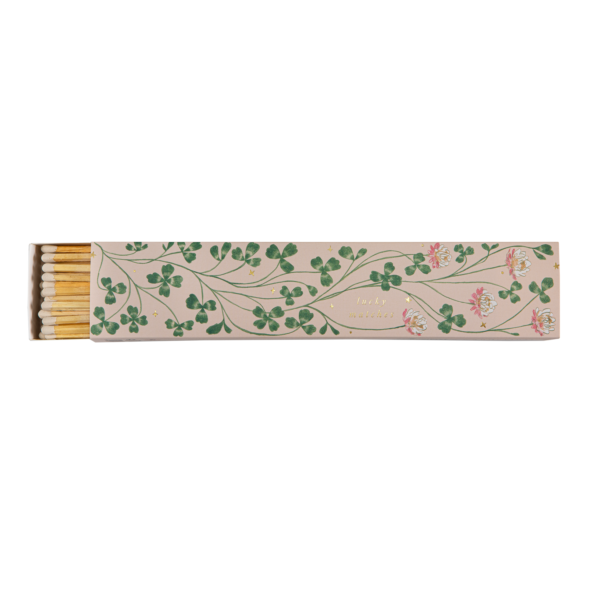 Die Archivist Gallery 'Glücksklee' Lange Streichhölzer besteht aus einer rechteckigen Schachtel mit grünen Blättern und rosafarbenen Blumen auf hellem Grund. Die Schachtel lässt sich teilweise öffnen und gibt den Blick auf die Streichhölzer frei. Ein charmantes Geschenk für jeden Anlass.