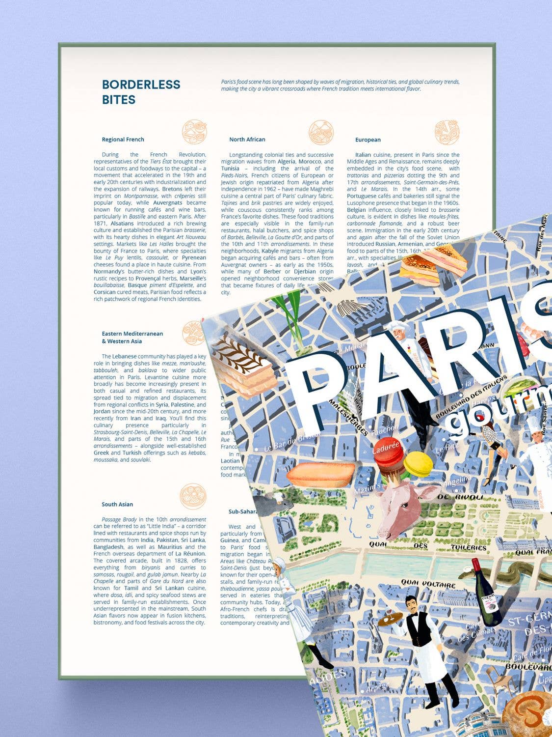 Ein Magazin mit dem Titel PARIS und einem farbenfrohen Umschlag bedeckt teilweise eine Innenseite über die globale Küche, BORDERLESS BITES - gefüllt mit kulinarischen Ikonen, die eine perfekte Inspiration für das Water & Wines - Gourmet-Puzzle - Paris von Water & Wines darstellen.