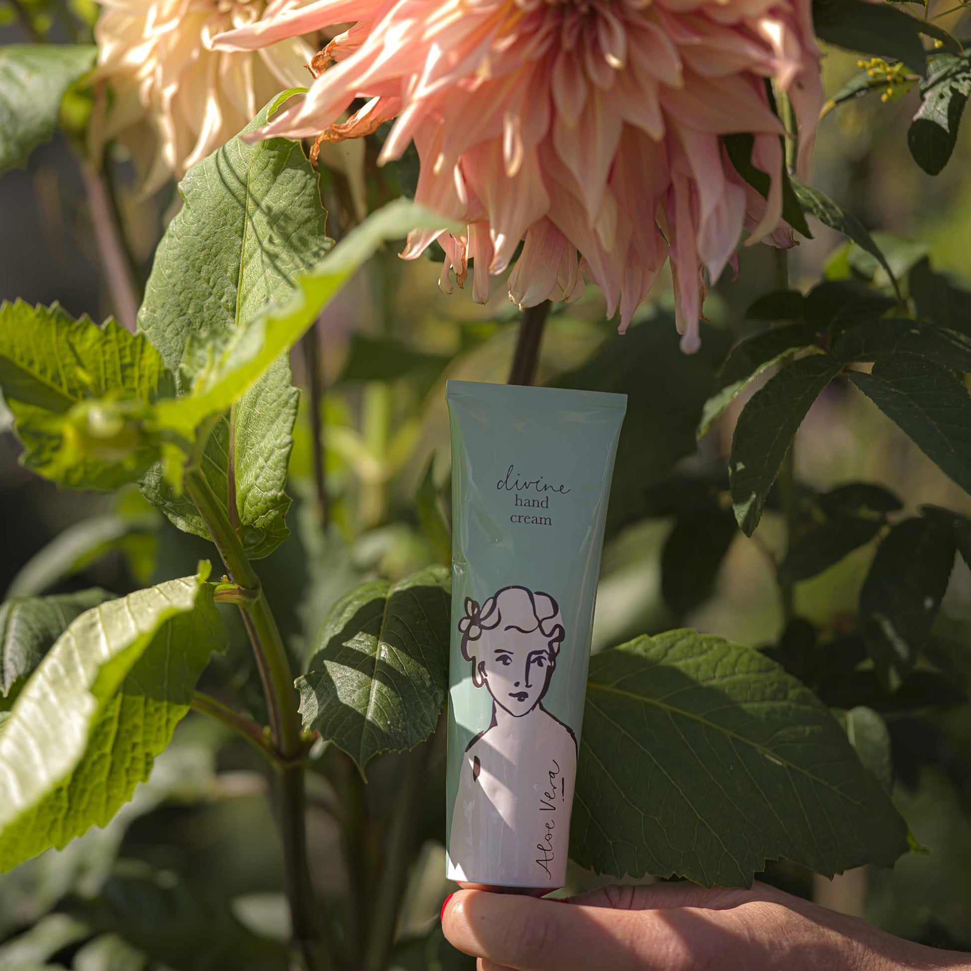 Eine Hand hält eine "Aloe Vera"-Handcreme der Archivist Gallery mit einem illustrierten Gesicht auf dem Etikett, umgeben von großen grünen Blättern und einer blühenden blassrosa Blume.