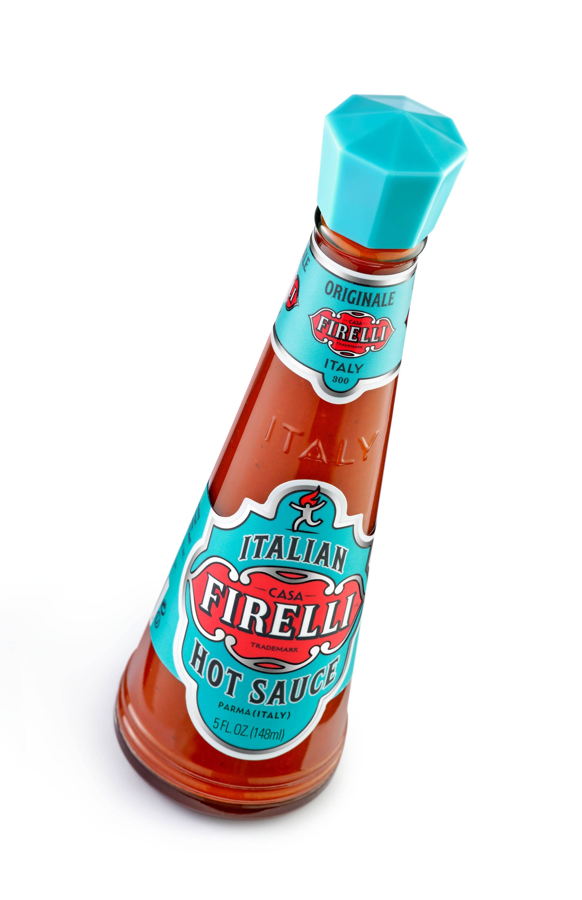Firelli | Italienische scharfe Soße 148 ml: Diese einzigartige kegelförmige Flasche hat einen türkisfarbenen Verschluss und ein Etikett mit dem rot-weißen Firelli-Branding, das die italienische Herkunft aus Parma hervorhebt. Flaschengröße: 148 ml (5 fl oz).