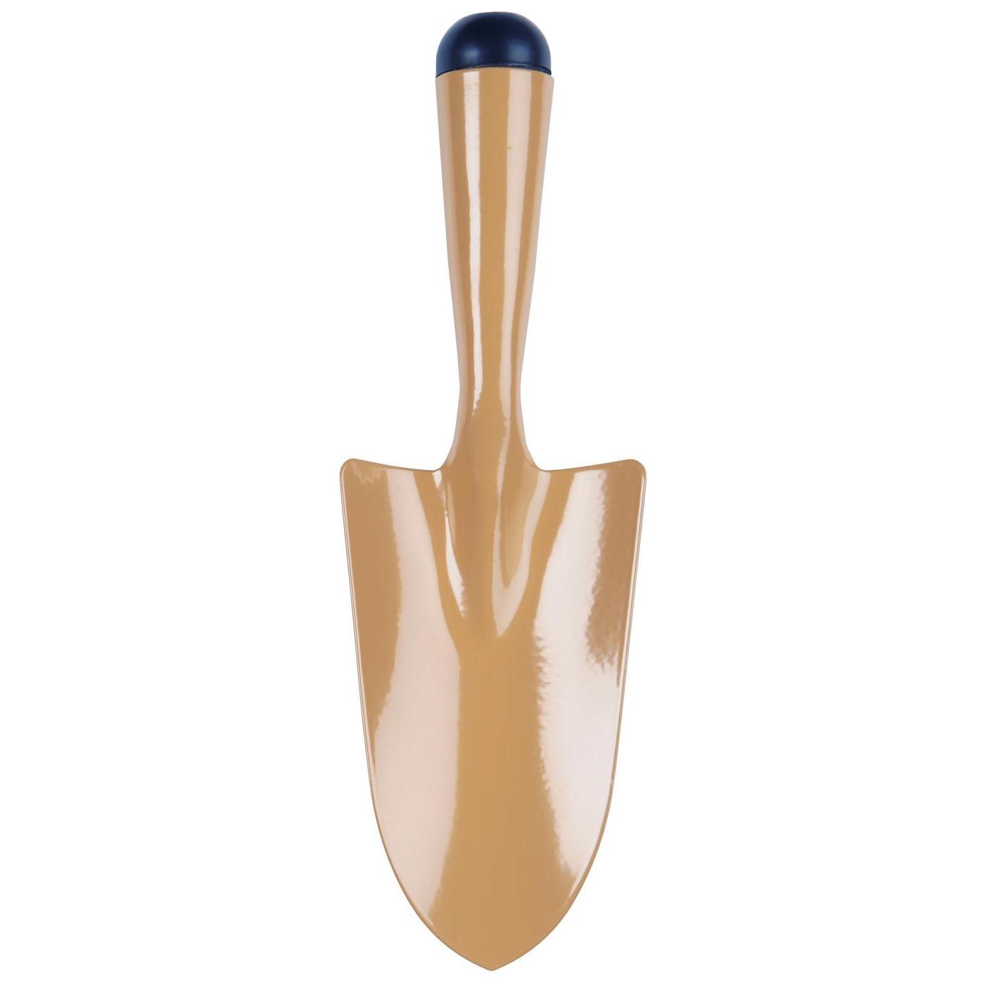 Die Ib Laursen Kompakte Pflanzschaufel 'Clay' hat eine hellbraune, spitze Klinge und eine abgerundete schwarze Griffkappe - ideal für Ihre Gartenzubehörsammlung.