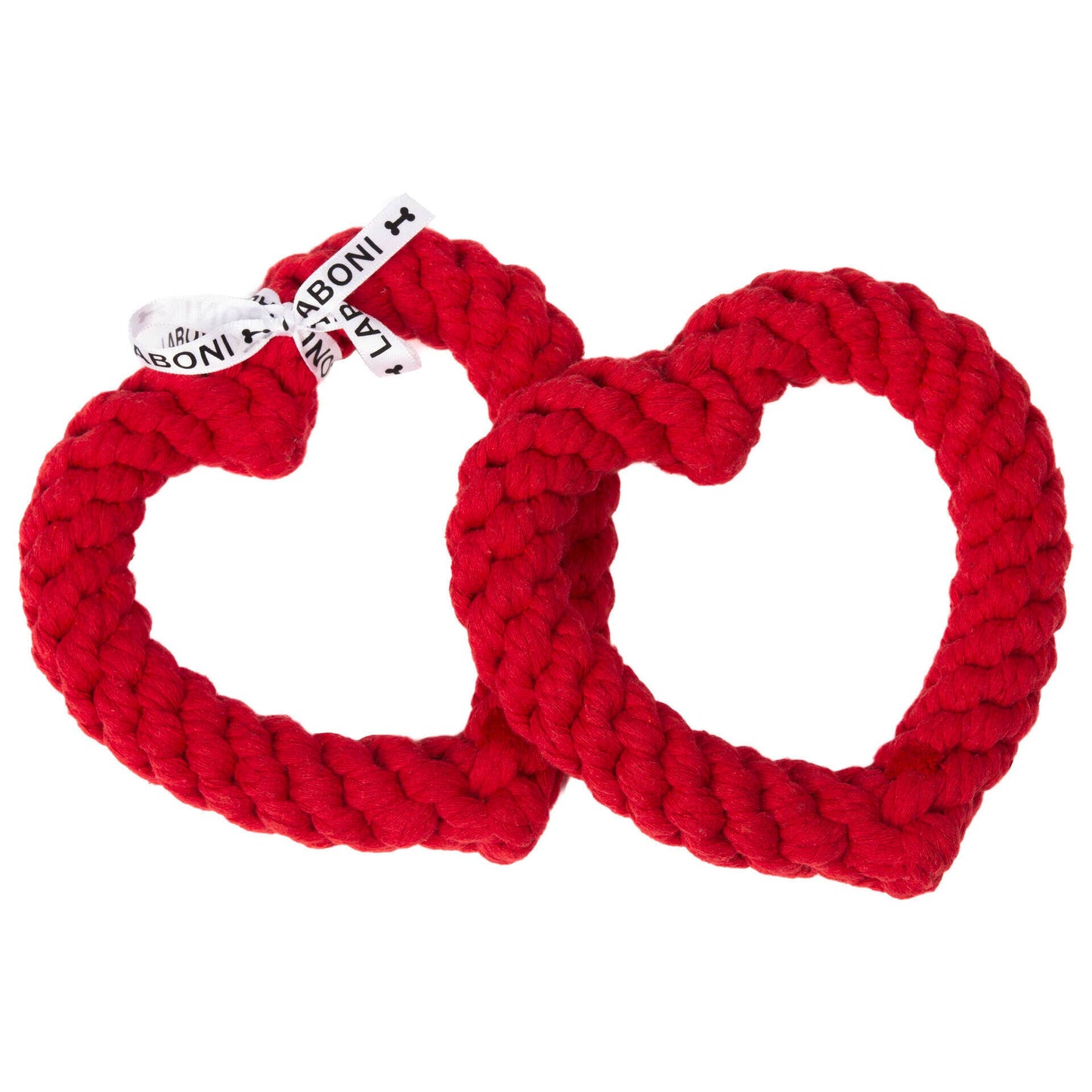 Das LABONI Hundespielzeug Hertha Heart besteht aus zwei verbundenen, roten Herzen aus dick geflochtener Baumwolle mit weißem Label - ideal zur Zahnpflege und im charmanten Herzdesign.