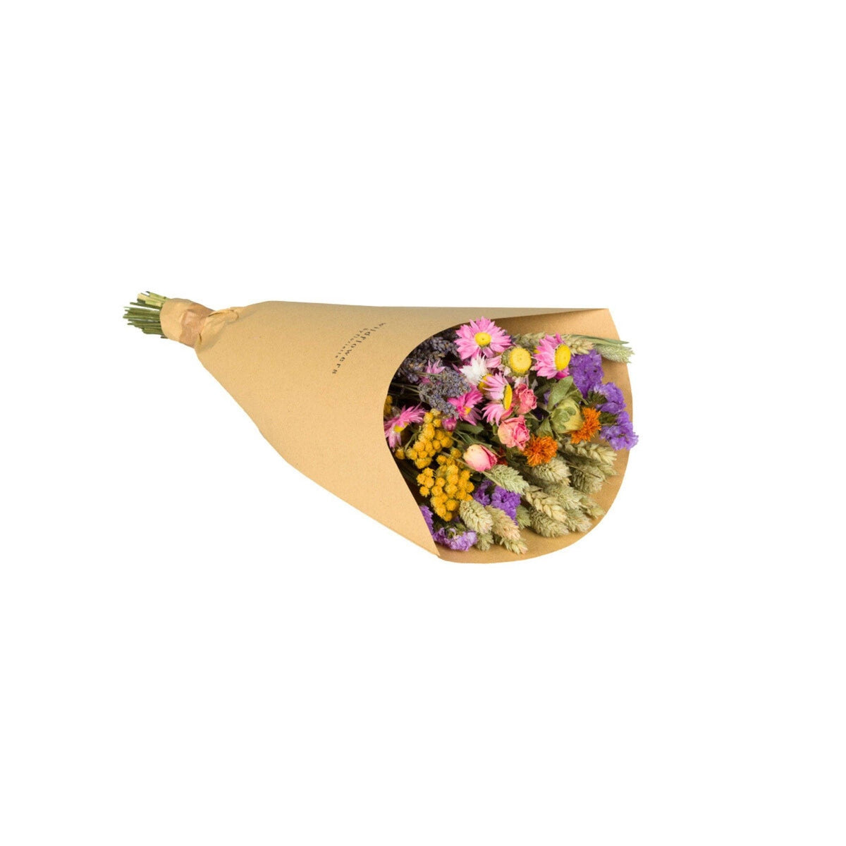 „The Wildflowers by Floriette | Trockenblumen ‚Feldblumenstrauß‘ S – M“ besticht durch ein bezauberndes Arrangement aus farbenfrohen Trockenblumen in Rosa-, Lila- und Gelbtönen, wunderschön verpackt in schlichtem braunem Kraftpapier, wobei die Stiele am Ende zusammengebunden sind – ein eleganter Hauch natürlicher Schönheit für jeden Raum von „Wildflowers by Floriette“.