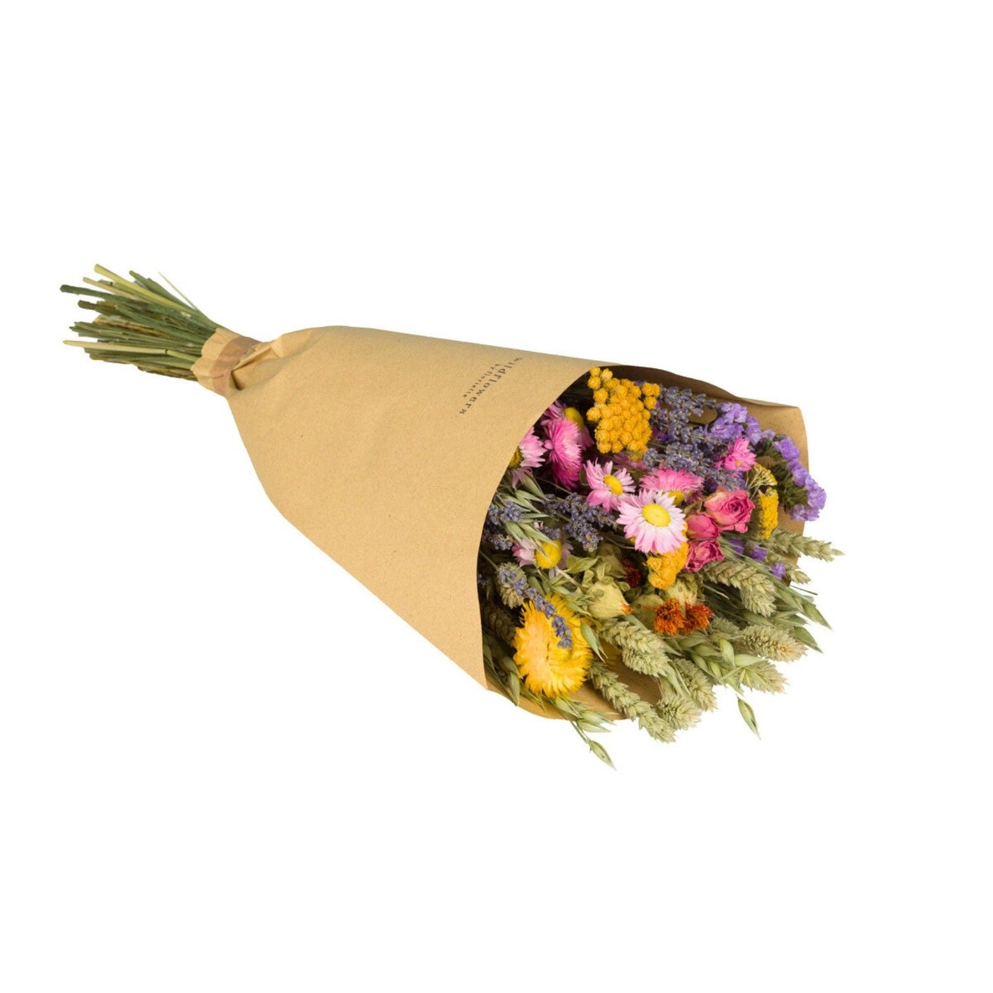 Ein farbenfroher Trockenblumenstrauß: Der „Feldblumenstrauß“ S – M von Wildflowers by Floriette besticht durch eine bezaubernde Mischung aus rosa, gelben, violetten und weißen Trockenblumen mit grünen Stielen und Blättern, die kunstvoll in braunes Kraftpapier eingewickelt sind und die für Wildflowers by Floriette so charakteristische rustikale Schönheit verkörpern.