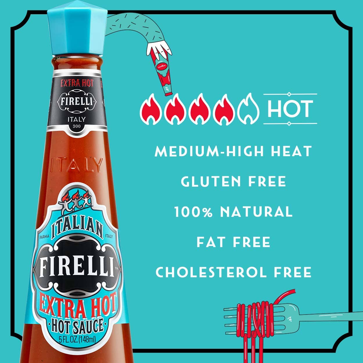 Eine Flasche Firelli | Extra scharfe italienische Sauce 148 ml steht mittig auf einem tealfarbenen Hintergrund. Der Text daneben betont extra scharf, mittlere bis hohe Schärfe, glutenfrei, 100% natürlich, fettfrei und cholesterinfrei.