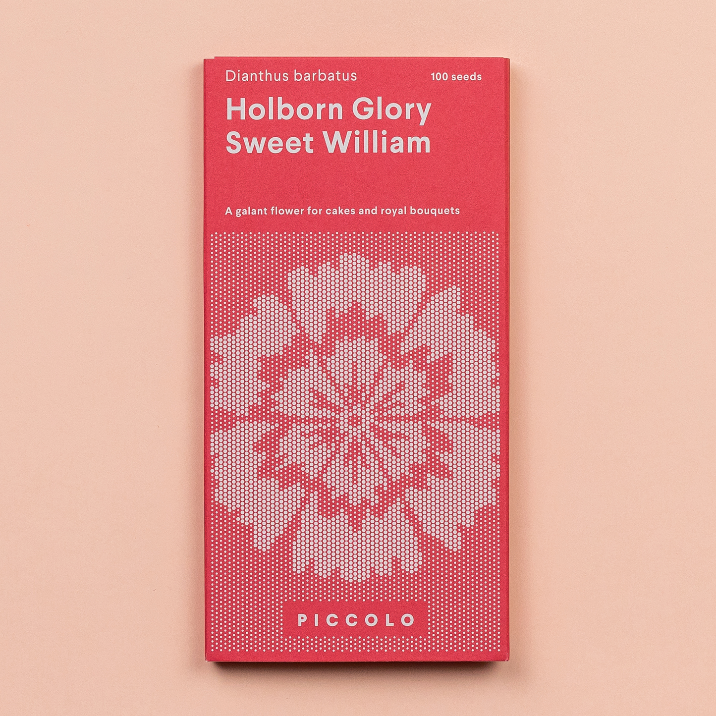 Eine Piccolo Seeds-Packung mit der Bezeichnung 'Sweet William Holborn Glory' Mix aus altmodischen Blumen hat eine rote Verpackung, eine weiße gepixelte Blüte, den botanischen Namen Dianthus barbatus und wird als essbare Blüten oder duftende Schnittblumen bezeichnet.