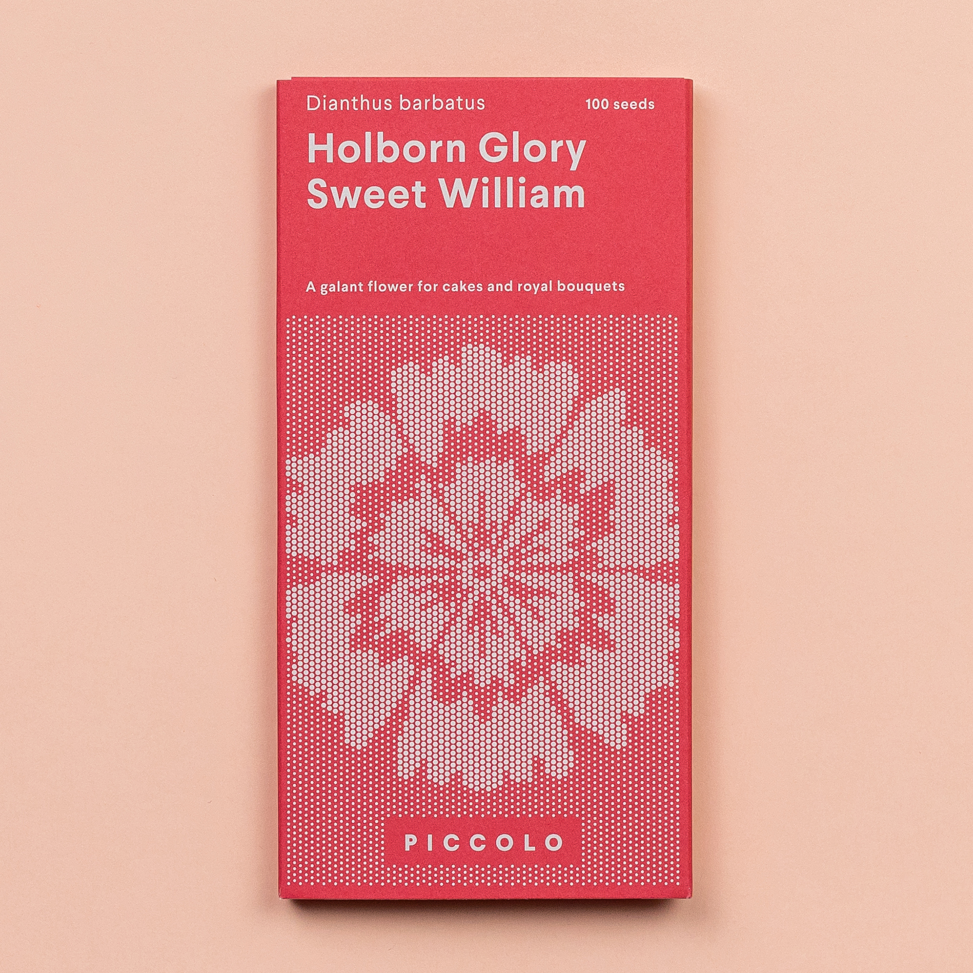 Eine Piccolo Seeds-Packung mit der Bezeichnung 'Sweet William Holborn Glory' Mix aus altmodischen Blumen hat eine rote Verpackung, eine weiße gepixelte Blüte, den botanischen Namen Dianthus barbatus und wird als essbare Blüten oder duftende Schnittblumen bezeichnet.