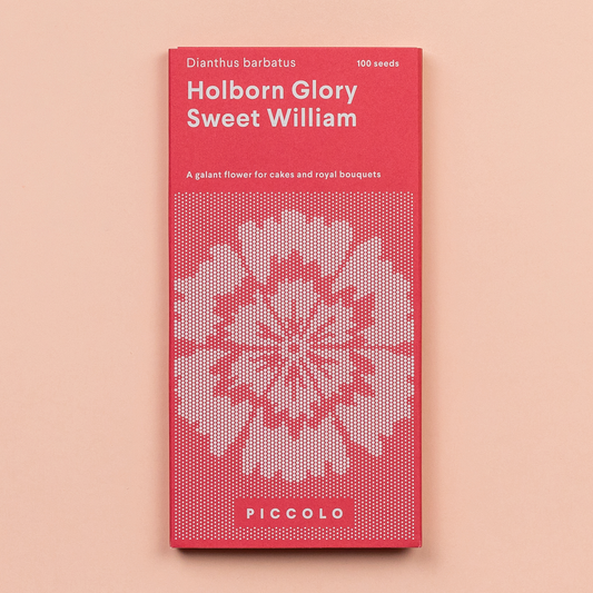 Eine Piccolo Seeds-Packung mit der Bezeichnung 'Sweet William Holborn Glory' Mix aus altmodischen Blumen hat eine rote Verpackung, eine weiße gepixelte Blüte, den botanischen Namen Dianthus barbatus und wird als essbare Blüten oder duftende Schnittblumen bezeichnet.