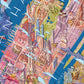 Entdecken Sie das Water & Wines - Gourmet-Puzzle - New York: ein farbenfrohes, illustriertes Kartenpuzzle von NYCs Stadtteilen, Wahrzeichen und berühmten Speisen vor einem blauen Flusshintergrund. Berühmte Orte und wichtige Bereiche sind klar beschriftet.