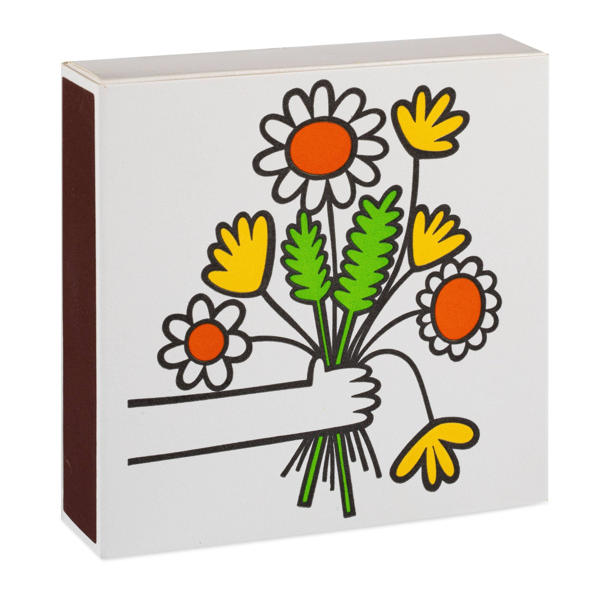 Ein charmanter handgezeichneter Strauß mit weißen, gelben und orangefarbenen Blumen schmückt das quadratische Sicherheitsstreichhölzer "Buch der Blumen" der Archivist Gallery - perfekt als kleines Geschenk im fröhlichen Stil von Jane Foster.