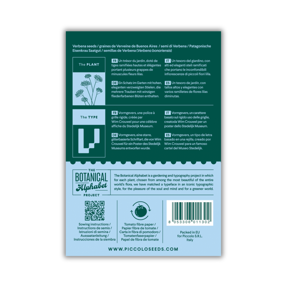 Rückseite einer Piccolo Seeds - V | Eisenkraut-Packung mit Pflanzanleitung, Illustration von Verbena bonariensis, mehrsprachigen Beschreibungen, QR-Code, Barcode und Branding für das Botanical Alphabet Project und die Gartenschatz-Serie von Piccolo Seeds.