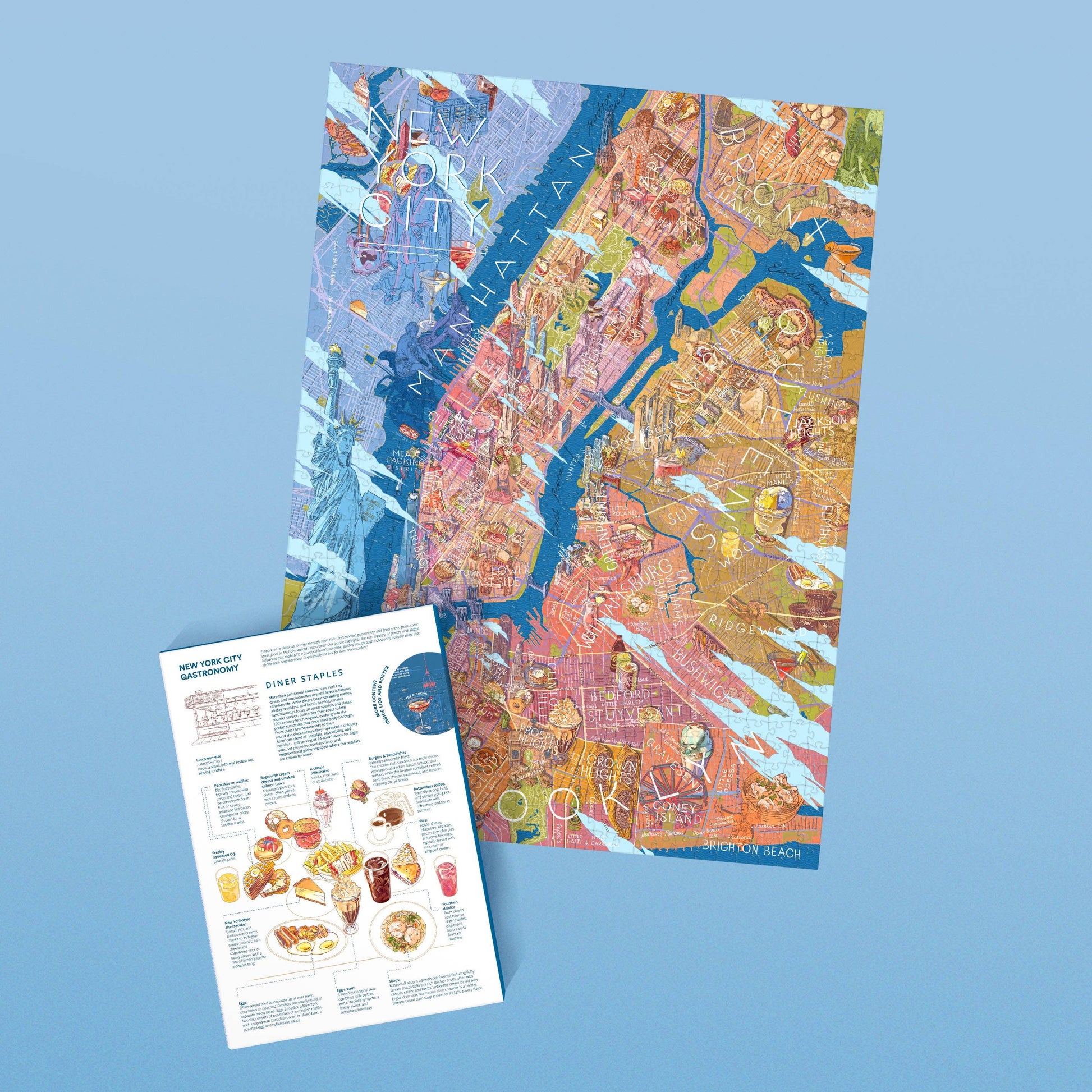 Eine lebendige illustrierte Stadtkarte von New York City liegt neben dem Water & Wines - Gourmet-Puzzle - New York der Marke Water & Wines, das klassische Gerichte zeigt - alles auf pastellblauem Hintergrund.