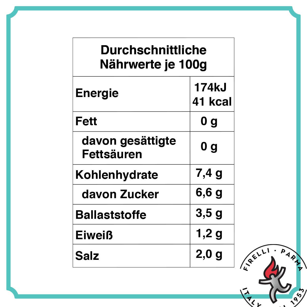Eine deutsche Nährwertkennzeichnung für Firelli | Italienische scharfe Soße (148 ml) zeigt Durchschnittswerte pro 100g: 41 kcal Energie, 0g Fett (0g gesättigt), 7,4g Kohlenhydrate (6,6g Zucker), 3,5g Ballaststoffe, 1,2g Eiweiß und 2,0g Salz. Firelli-Logo in der Ecke.