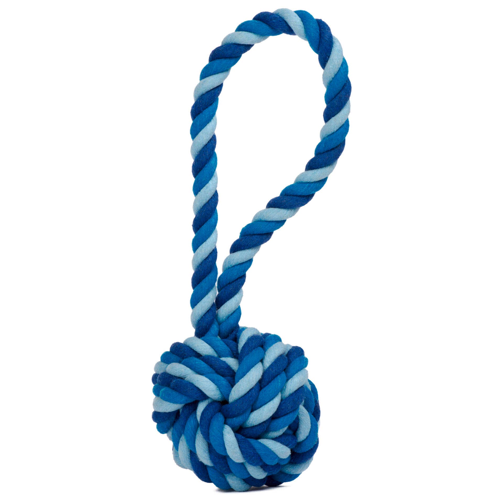 Das LABONI Hundespielzeug mini Schleuderball ist ein blaues und hellblaues Baumwollseilspielzeug mit Schlaufengriff und geknotetem Ball, perfekt zum Zupfen, Kauen und zur Zahnpflege für Hunde. Teil der spielerischen LABONI TOYS Kollektion.