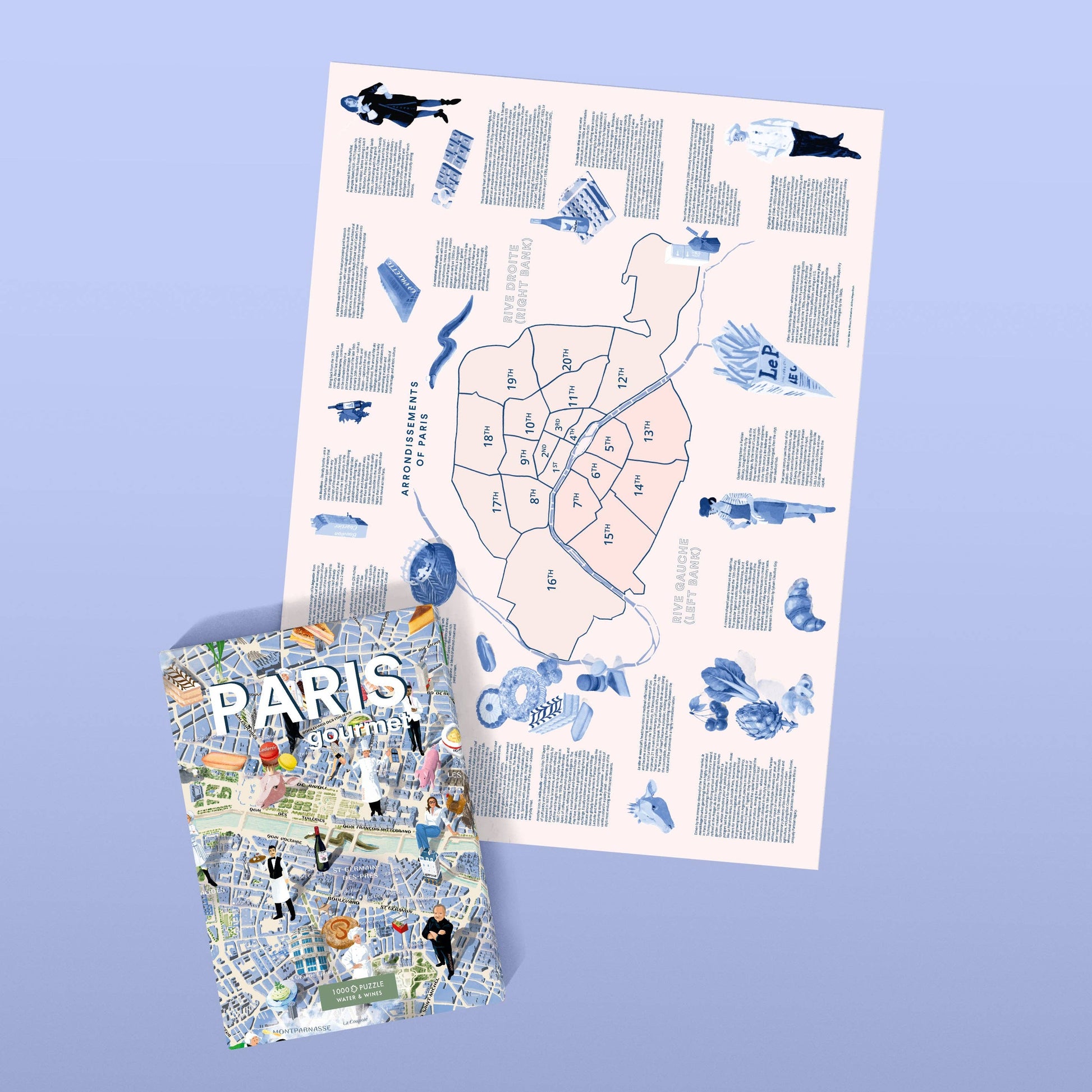 Das Water & Wines - Gourmet-Puzzle - Paris von Water & Wines besteht aus einer lebendig illustrierten Karte und einem Reiseführer mit beschrifteten Stadtvierteln und kulinarischen Ikonen - das perfekte Geschenk für Feinschmecker, dargestellt auf einem hellvioletten Hintergrund.