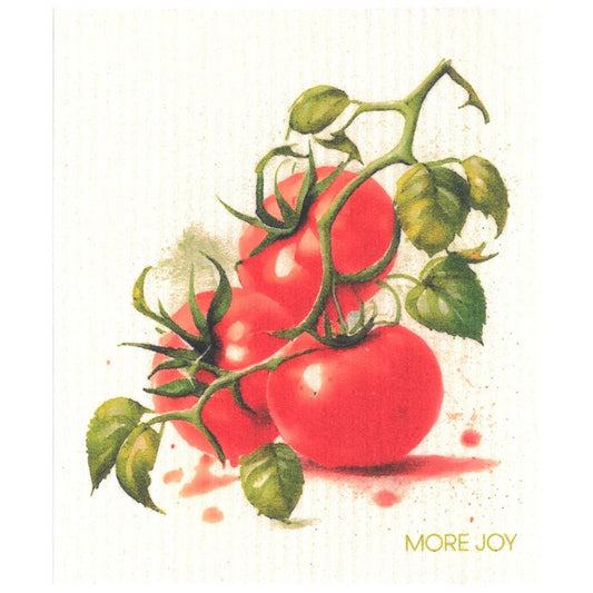 Drei reife rote Tomaten am Rebstock mit grünen Blättern, abgebildet auf einem hellen Hintergrund, zieren das More Joy Home 'Tomaten' Biologisch abbaubares Schwammtuch - umweltfreundlich und stilvoll für Ihre Küche.