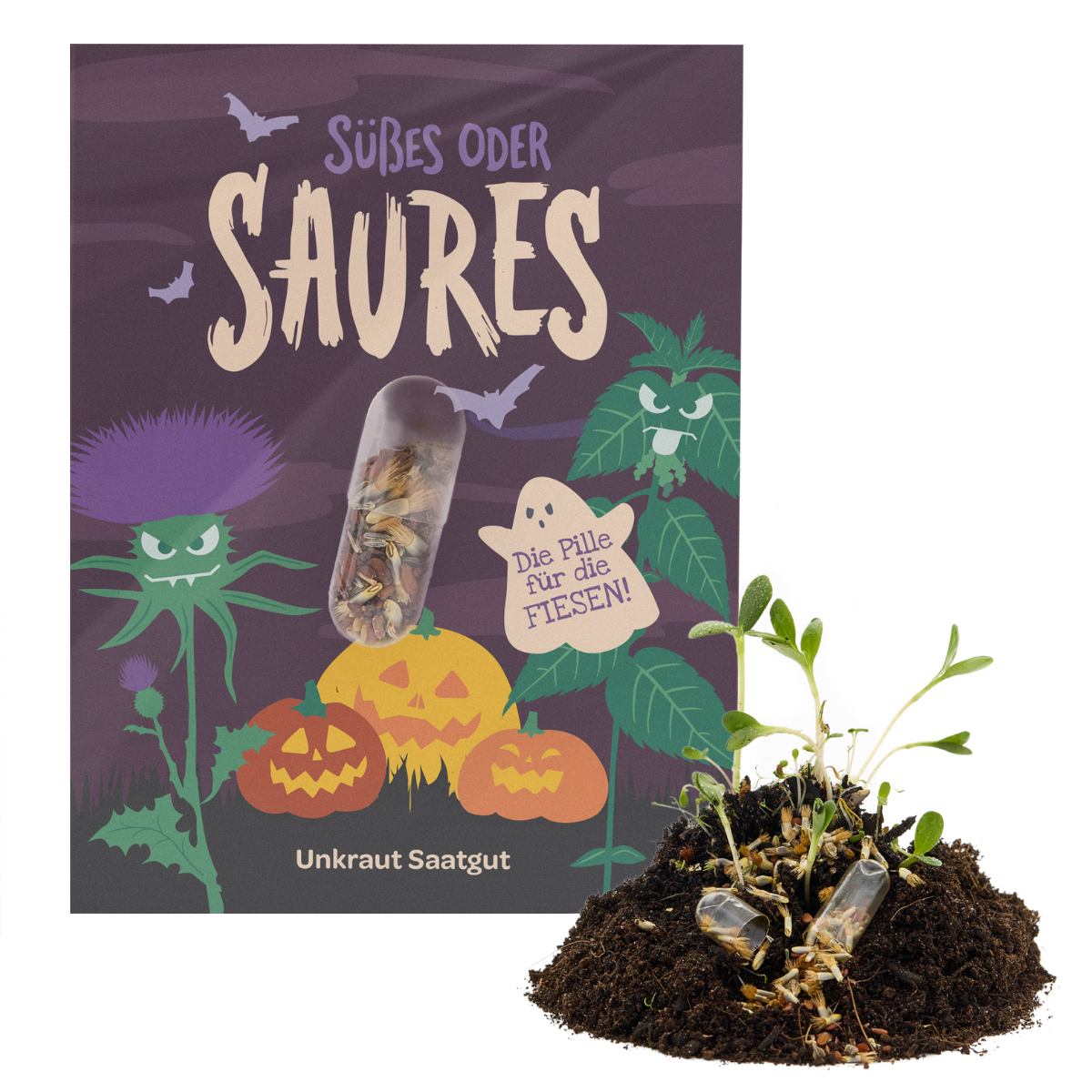 Eine Saatgutpackung zum Thema Halloween von Stadtgärtner mit der Aufschrift „Süßes oder Saures“ und gruseligen Pflanzenillustrationen, darunter eine Halloween-Saatpille „Saures“ Wildblumen-Saatkapsel und einem Erdhügel mit einer keimenden Pflanze und einer sichtbaren Saatkapsel im Vordergrund – eine nachhaltige Überraschung, die sich perfekt für jedes Halloween-Werbegeschenk eignet.