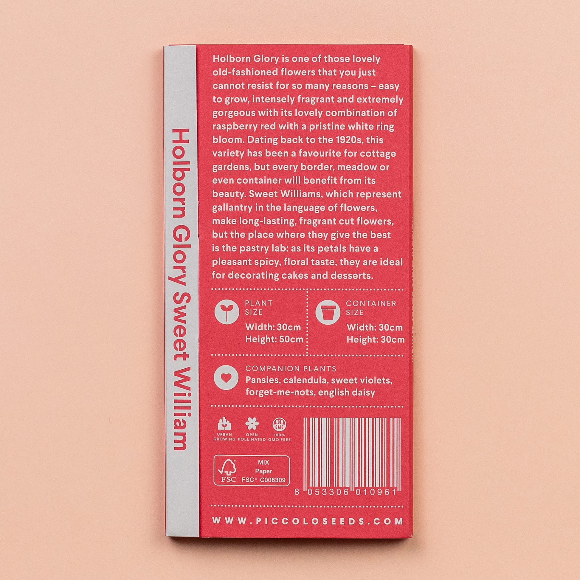 Die rosafarbene Piccolo Seeds-Packung für 'Sweet William Holborn Glory' Mix aus altmodischen Blumen enthält Pflanztipps, Informationen zu essbaren Blüten und Symbole für Pflanzengröße, Containergröße und Begleitpflanzen auf der Rückseite vor einem pfirsichfarbenen Hintergrund.