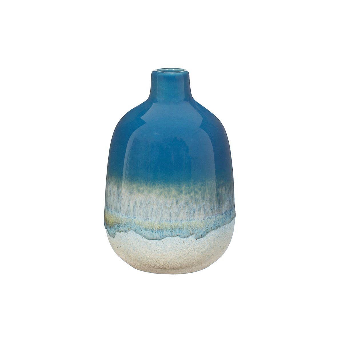 Wir stellen vor: die „Mojave Glaze“ Blaue Vase 12,5 cm von Sass & Belle Europe – eine Keramikvase mit schmalem Hals, deren obere Hälfte mit einer ozeanblauen Farbverlaufsglasur verziert ist, die in einen sandbeigen Sockel übergeht. Ihre glatte, glänzende Oberfläche und ihr abgerundeter Korpus machen sie zu einem perfekten Blickfang, der jedem Raum den Charme des Boho-Stils verleiht.