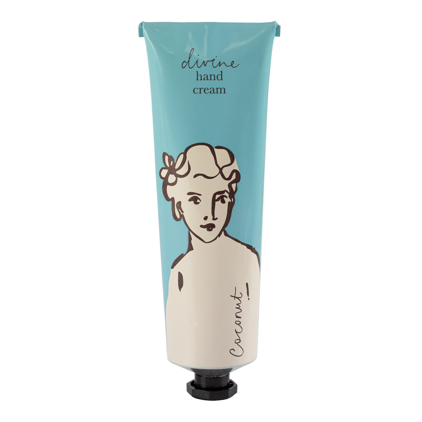 Eine Tube der Kokosnuss"-Handcreme von Archivist Gallery zeigt ein blau-weißes Design mit der Linienzeichnung einer Frau und dem Text Göttliche Handcreme Kokosnuss" und verströmt einen unwiderstehlichen Kokosnussduft.