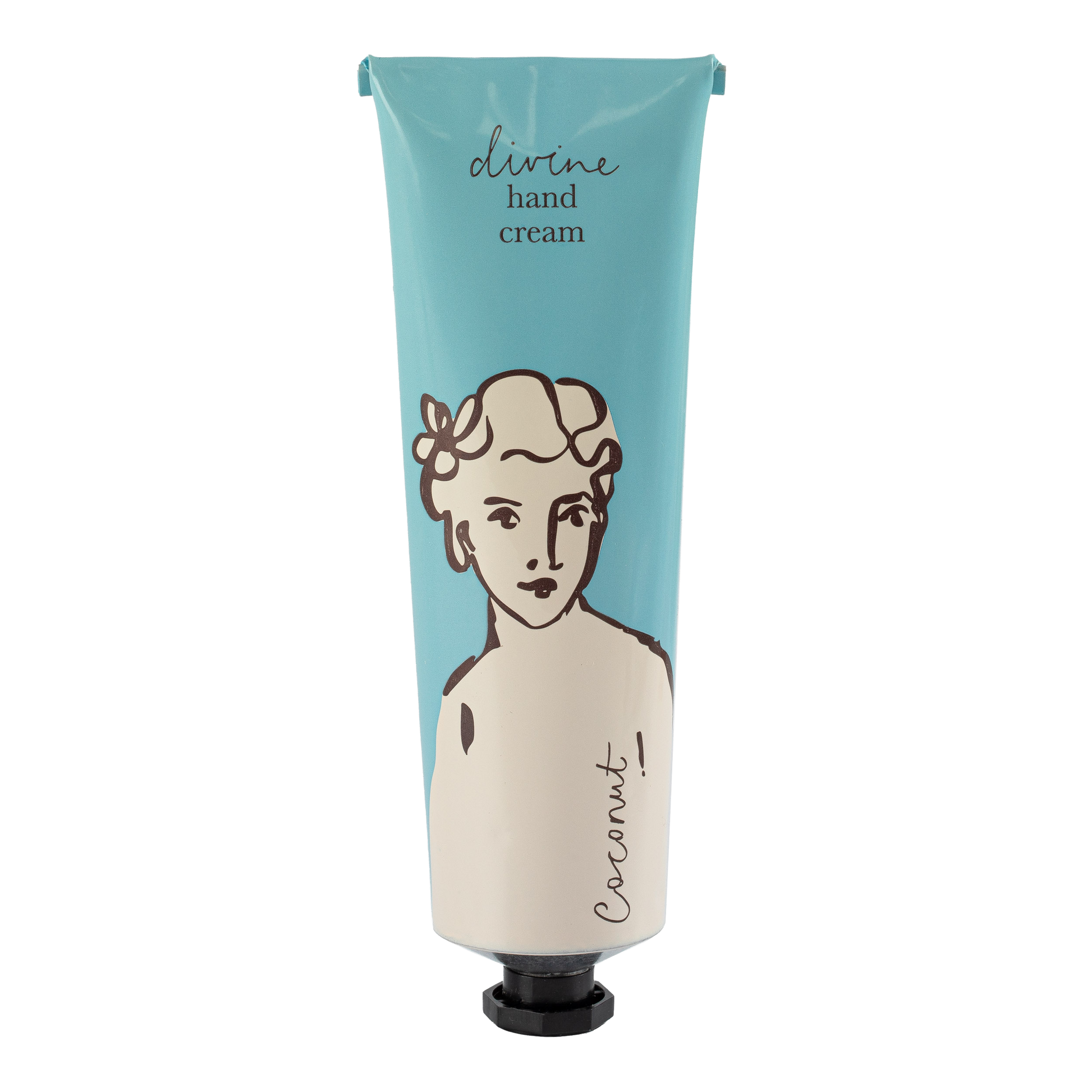 Eine Tube der Kokosnuss"-Handcreme von Archivist Gallery zeigt ein blau-weißes Design mit der Linienzeichnung einer Frau und dem Text Göttliche Handcreme Kokosnuss" und verströmt einen unwiderstehlichen Kokosnussduft.