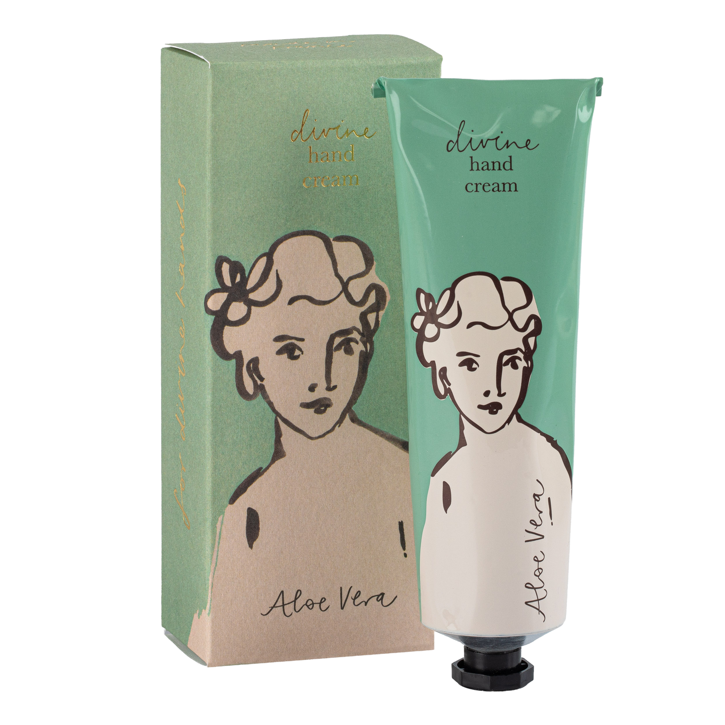 Eine grün-beigefarbene Tube Archivist | 'Aloe Vera' Handcreme von Archivist Gallery, die ein illustriertes Frauengesicht zeigt, steht neben der passenden Schachtel mit ähnlichem Bild und Text.