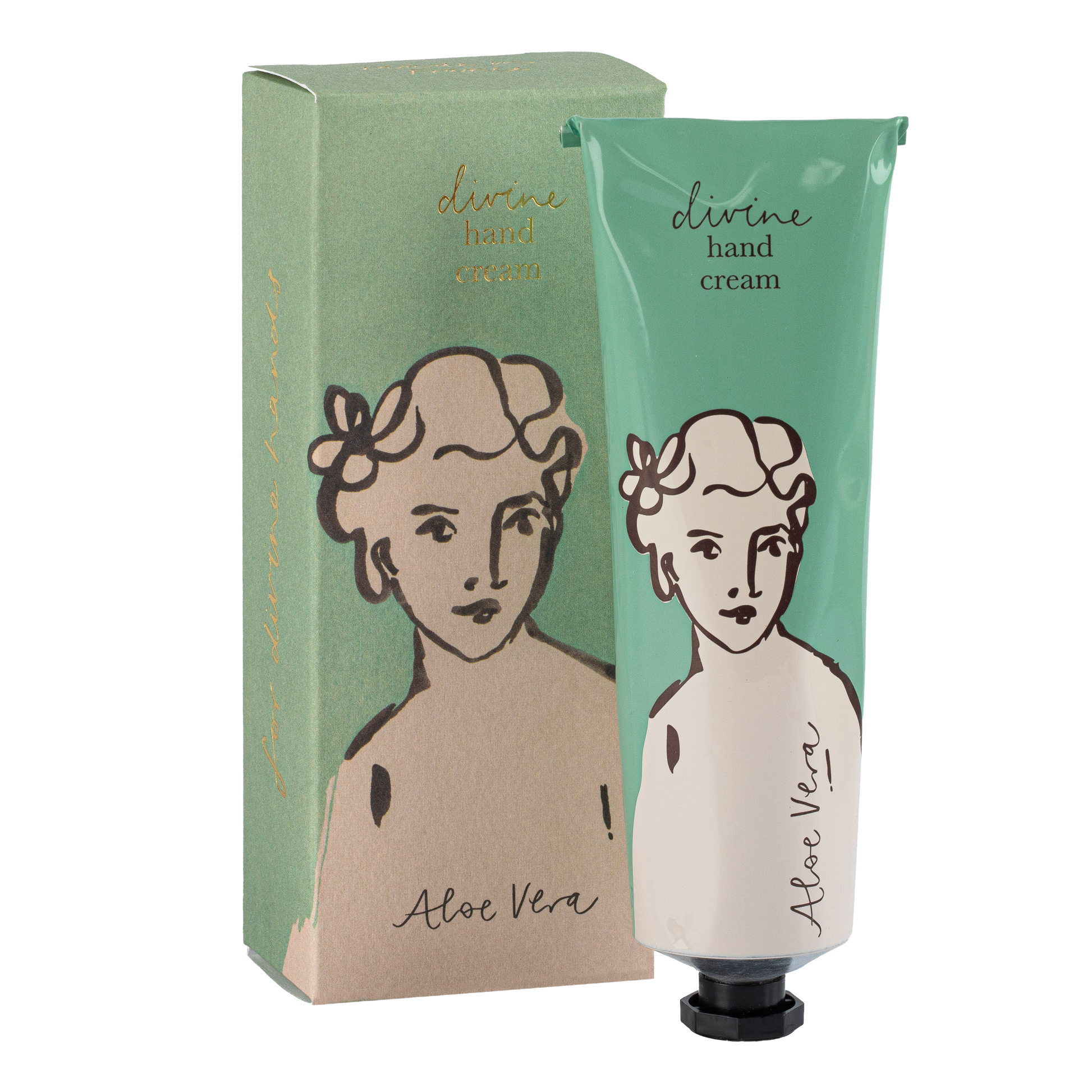 Eine grün-beigefarbene Tube Archivist | 'Aloe Vera' Handcreme von Archivist Gallery, die ein illustriertes Frauengesicht zeigt, steht neben der passenden Schachtel mit ähnlichem Bild und Text.