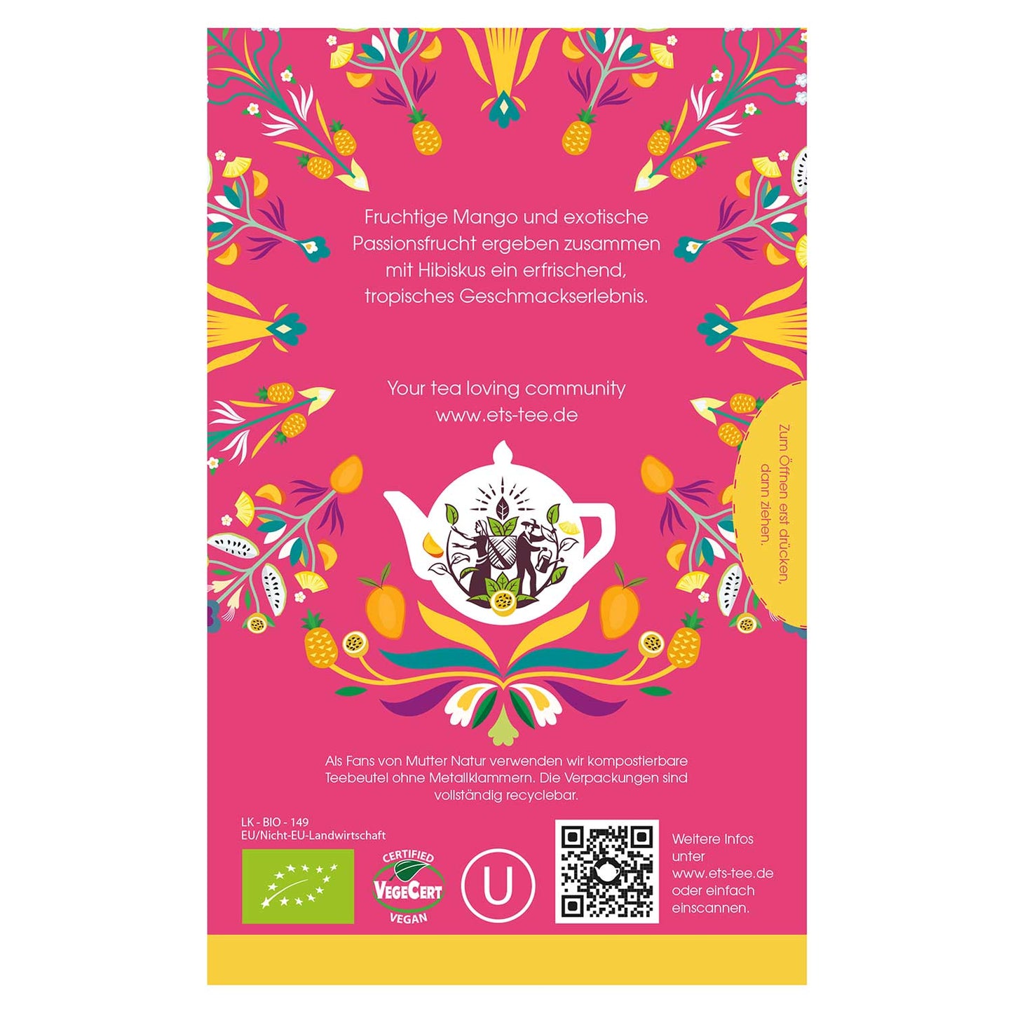 Die Verpackung des English Tea Shop 'Mango Splash' BIO 20 Teebeutel zeigt eine weiße Teekanne mit Frucht- und Blumenkunst, Mangos und Passionsfrüchten. Der deutsche Text hebt den exotischen Früchte-Eistee hervor. Bio-/Vegan-Symbole, Website und Recycling-Informationen befinden sich am unteren Rand.