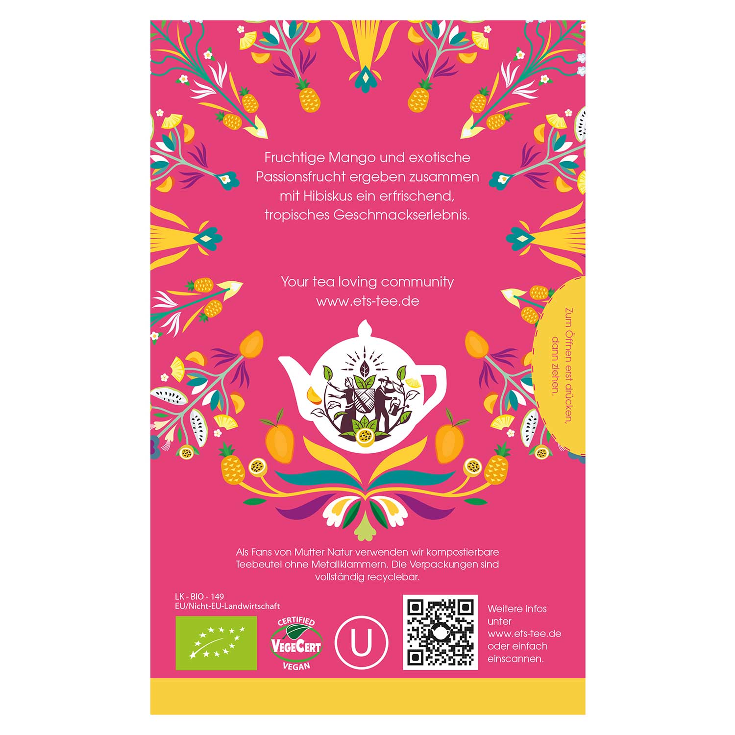 Die Verpackung des English Tea Shop 'Mango Splash' BIO 20 Teebeutel zeigt eine weiße Teekanne mit Frucht- und Blumenkunst, Mangos und Passionsfrüchten. Der deutsche Text hebt den exotischen Früchte-Eistee hervor. Bio-/Vegan-Symbole, Website und Recycling-Informationen befinden sich am unteren Rand.