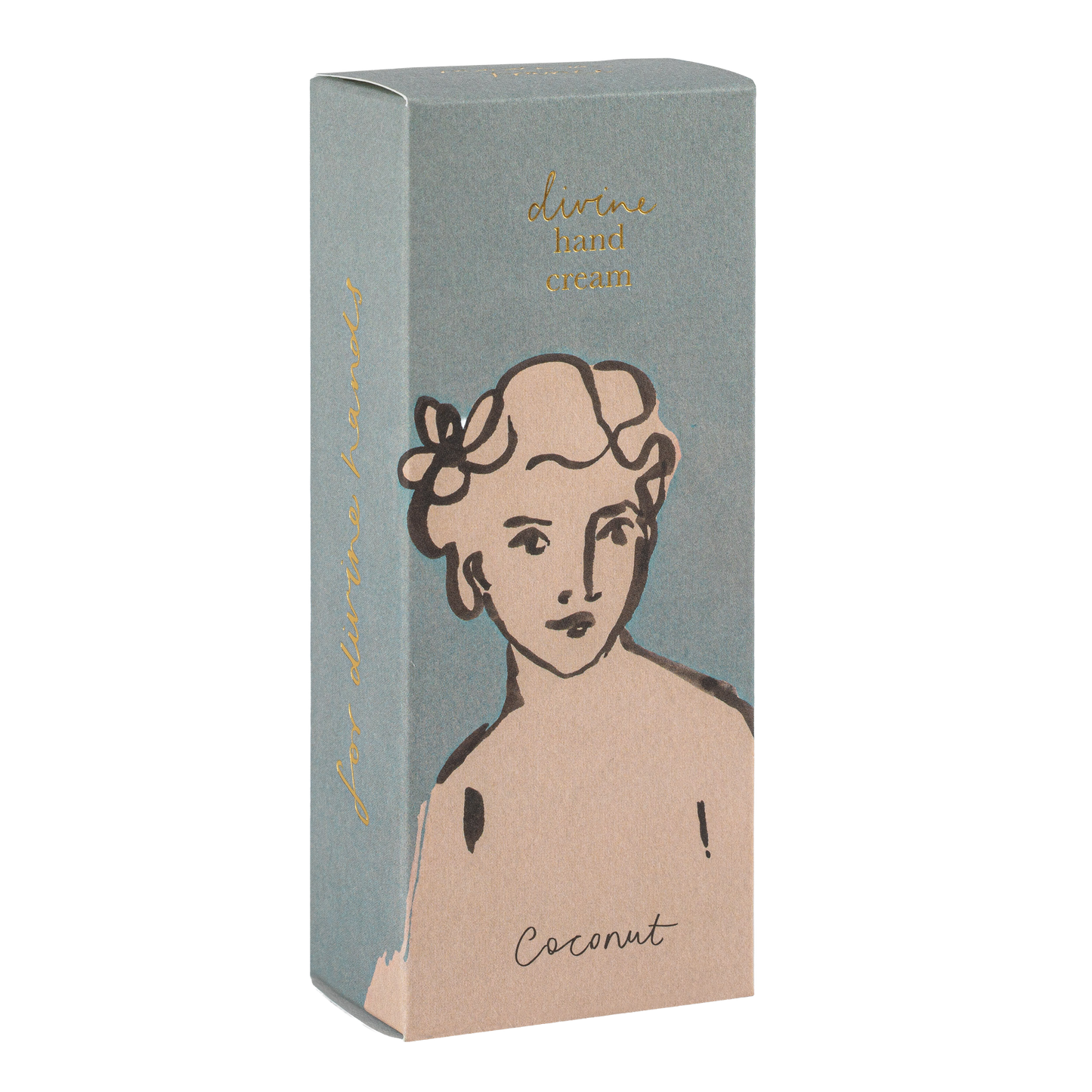 Die rechteckige Schachtel Archivist | 'Kokosnuss' Handcreme von Archivist Gallery zeigt ein minimalistisches Frauengesicht und einen goldenen Schriftzug auf einem Hintergrund in gedämpftem Grün und Beige.