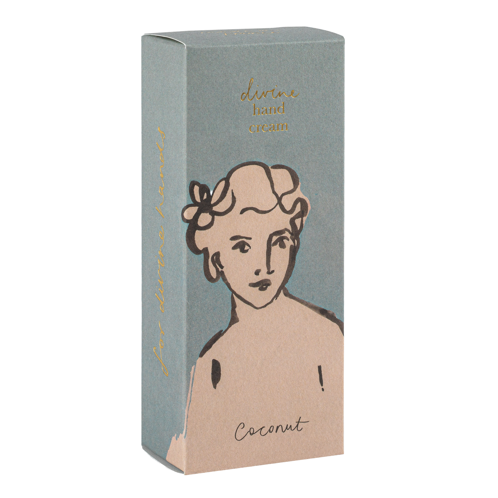 Die rechteckige Schachtel Archivist | 'Kokosnuss' Handcreme von Archivist Gallery zeigt ein minimalistisches Frauengesicht und einen goldenen Schriftzug auf einem Hintergrund in gedämpftem Grün und Beige.