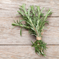 Ein kleines Bündel von Piccolo Seeds | Rosmarin Common Zweige, aus der mediterranen Kräuterfamilie von Piccolo Seeds, mit Bindfaden auf einer rustikalen Holzunterlage gebunden.