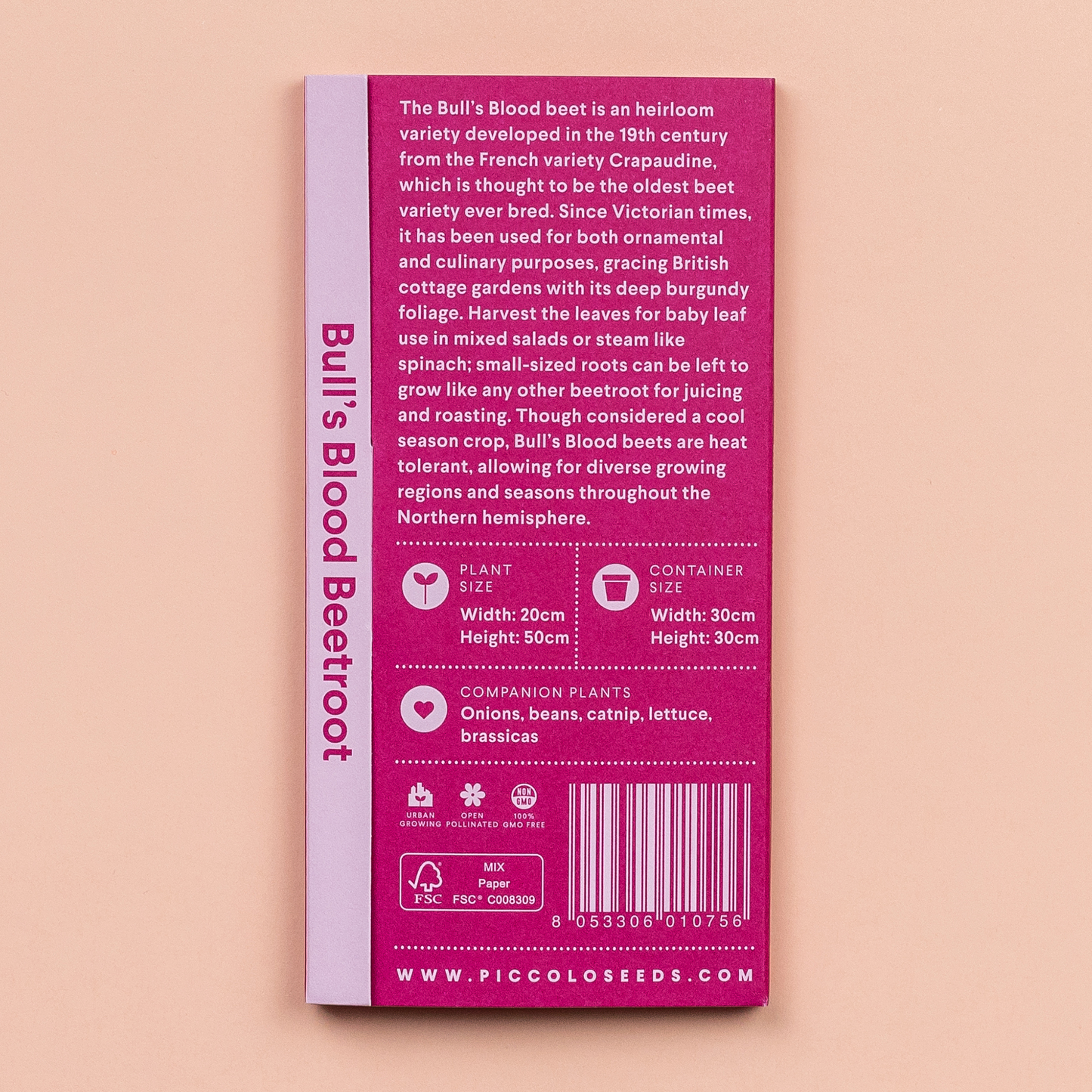Ein Päckchen Piccolo Seeds | Rote-Bete-Bullenblut von Piccolo Seeds mit Pflegetipps, Informationen zu Begleitpflanzen und Containergröße auf lila Hintergrund. Die Logos der Öko-Zertifizierung und ein Barcode erscheinen am unteren Rand.
