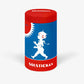 Die Solstickan Design | Streichholzdose Originaldesign ist eine zylindrische Dose in Rot, Blau und Weiß mit dem ikonischen Solstickan-Kinderlogo, die schwedisches Design zelebriert und extralange Streichhölzer aufbewahrt.