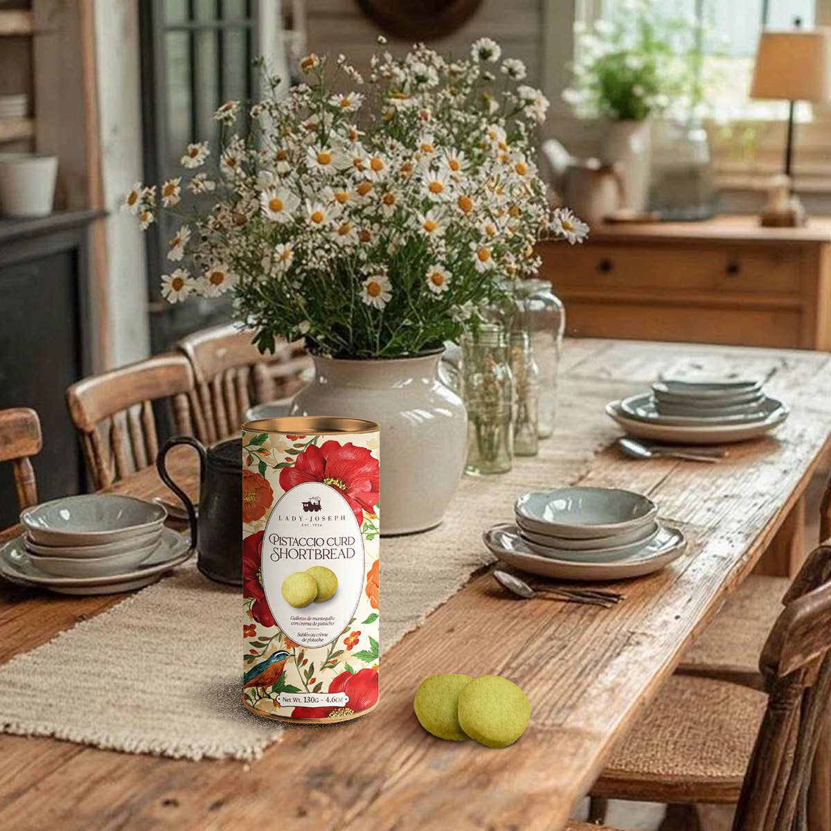 Eine Dose Lady Joseph | Butterkekse mit Pistaziencreme steht auf einem rustikalen Holztisch mit Keramikgeschirr, Tassen und einer Vase mit Gänseblümchen in einer gemütlichen Bauernhausküche. Zwei Kekse sind neben der Dose platziert.