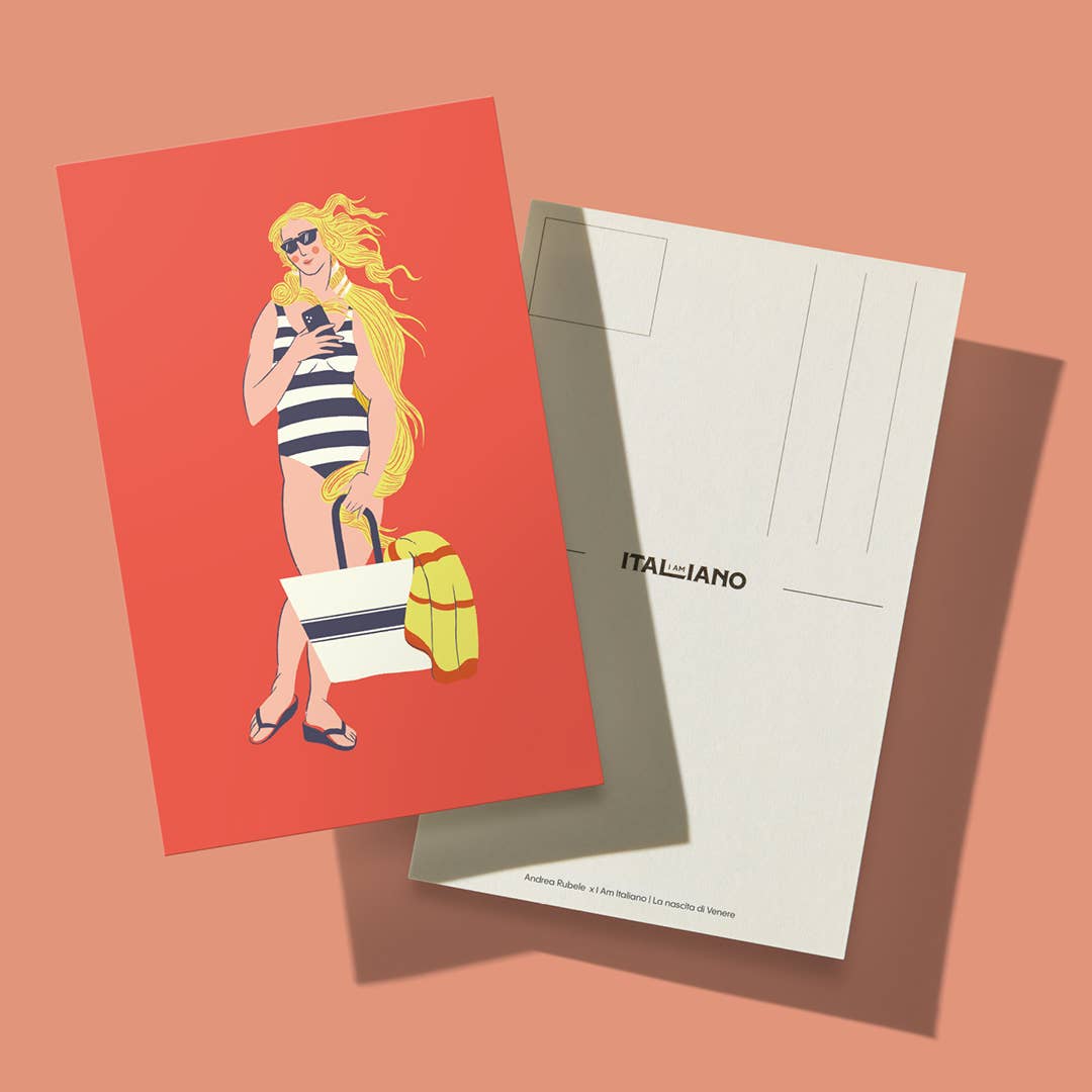 Eine Postkarte mit einer von I AM ITALIANO inspirierten Illustration | 'Venere' Bio Zartbitterschokolade mit Mandel, perfekt für Fans von I AM ITALIANO. Die Rückseite ist bis auf den ITALIANO-Schriftzug und die Adresszeilen leer.