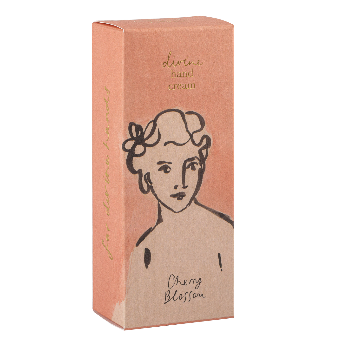 Die rosafarbene und beigefarbene Schachtel der Archivist | 'Kirschblüte' Handcreme von Archivist Gallery zeigt ein Frauengesicht und den Schriftzug "Cherry Blossom" in Handschrift, was das elegante, feminine Design unterstreicht.