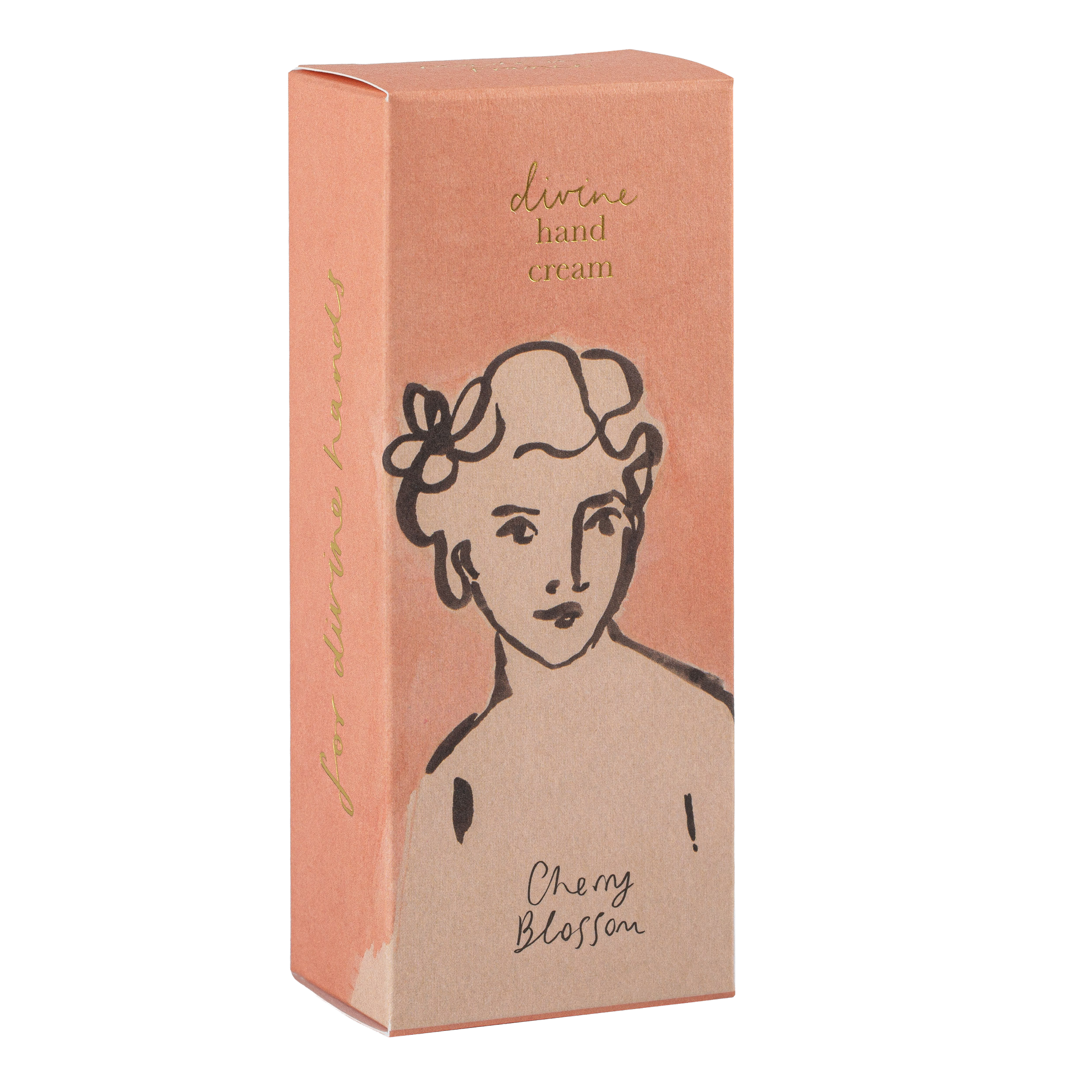 Die rosafarbene und beigefarbene Schachtel der Archivist | 'Kirschblüte' Handcreme von Archivist Gallery zeigt ein Frauengesicht und den Schriftzug "Cherry Blossom" in Handschrift, was das elegante, feminine Design unterstreicht.