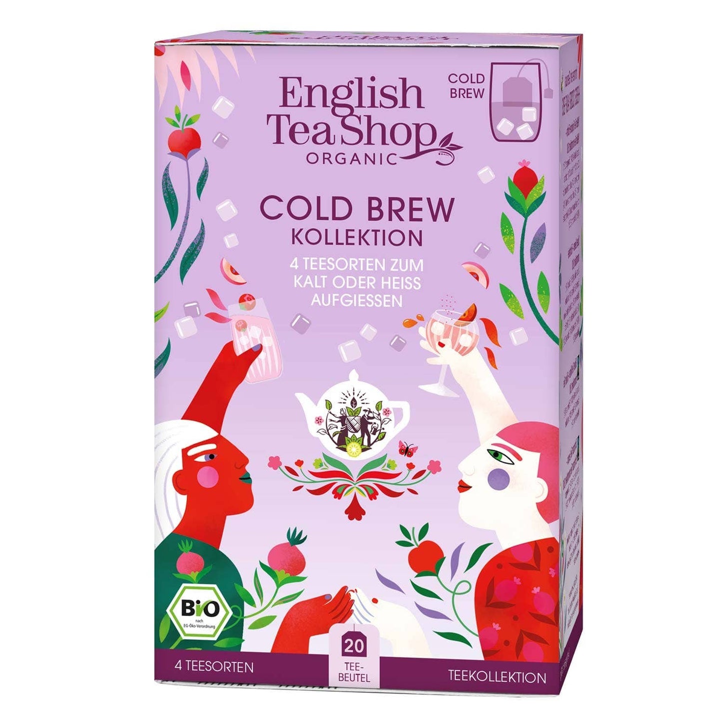 English Tea Shop | 'Cold Brew' Bio-Tee Kollektion mit 4 Sorten und 20 Teebeuteln in pink-lila Verpackung mit floralen Motiven. Ideal als zuckerfreies Bio-Erfrischungsgetränk - genießen Sie Vielfalt und Geschmack!.