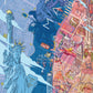 Entdecken Sie das Gourmet-Puzzle von Water & Wines - New York: eine farbenfrohe illustrierte Karte mit der Freiheitsstatue, künstlerischen Wahrzeichen, Stadtvierteln und verspielten handgeschriebenen Etiketten, die das kulinarische Erbe von New York feiern.