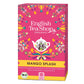 Eine leuchtend pinke Schachtel English Tea Shop 'Mango Splash' BIO Früchtetee, verziert mit bunten Frucht- und Blumenmustern. Enthält 20 biologische, BIO-zertifizierte Teebeutel.