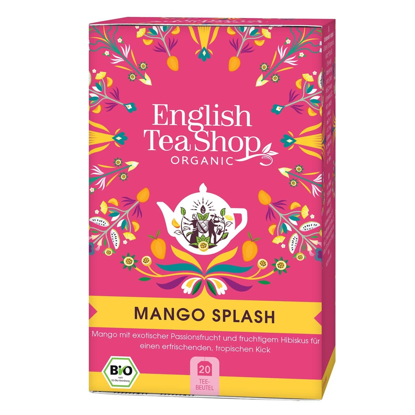 Eine leuchtend pinke Schachtel English Tea Shop 'Mango Splash' BIO Früchtetee, verziert mit bunten Frucht- und Blumenmustern. Enthält 20 biologische, BIO-zertifizierte Teebeutel.