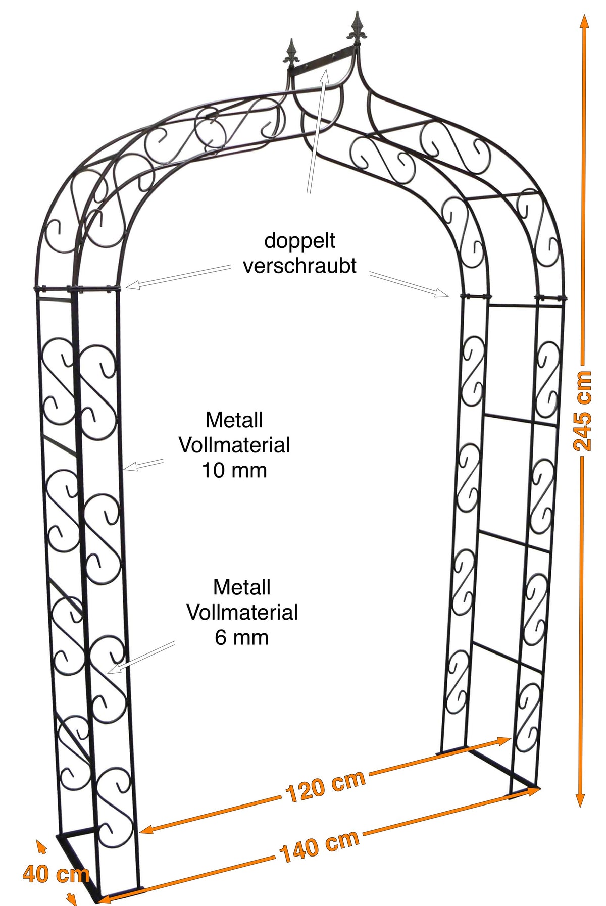Der Hirsch Rosenbogen SPITZ Vollmetall stabil ist aus 12 mm starkem Metall gefertigt und verfügt über kunstvolle Schnörkel und dekorative Endstücke. Feuerverzinkt für Langlebigkeit; Maße 245x140x40 cm mit stabilen Stäben und doppelt verschraubten Verbindungen.