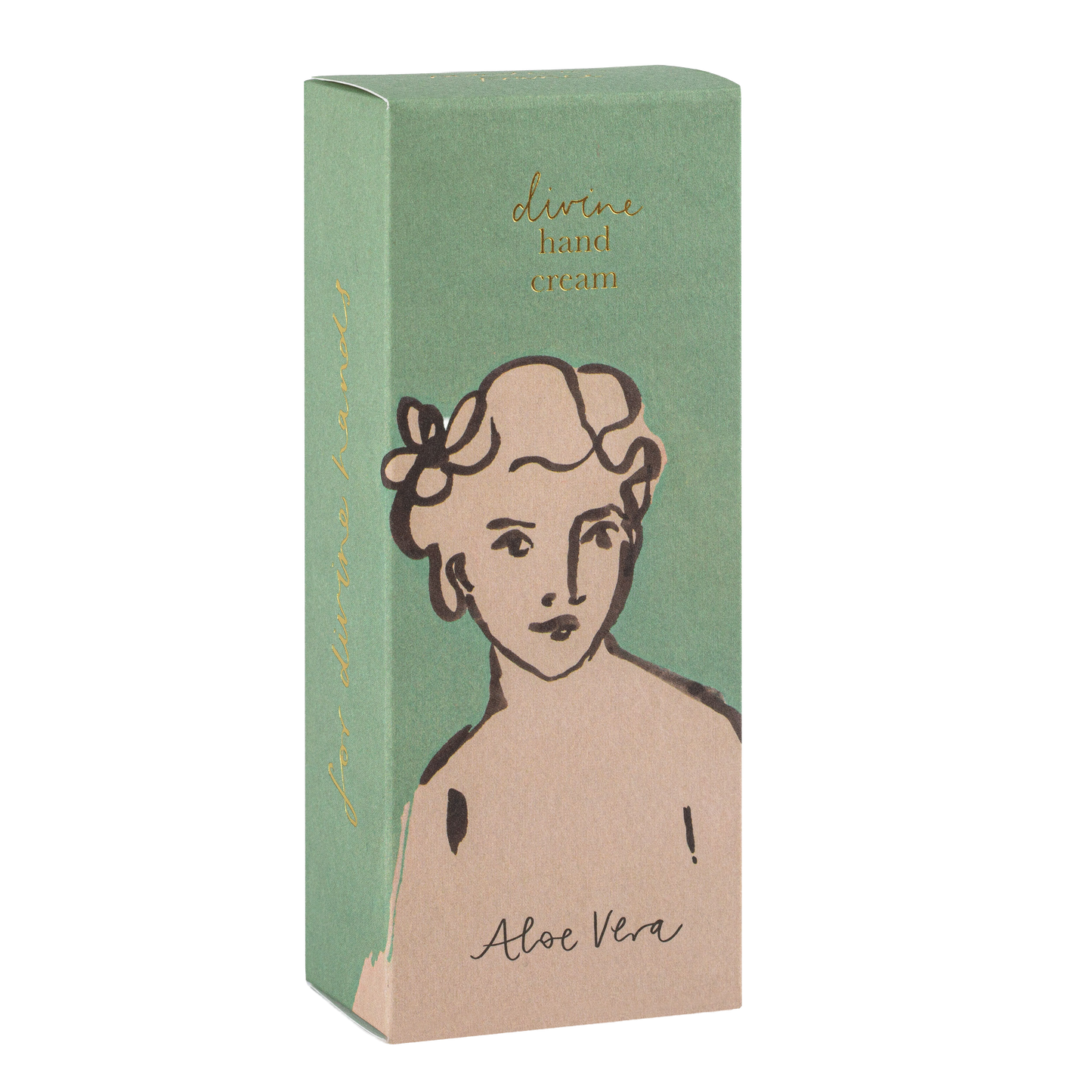 Eine grün- und hellbraune Schachtel mit der "Aloe Vera"-Handcreme von Archivist Gallery, verziert mit einer Strichzeichnung einer kurzhaarigen Büste und floralen Akzenten.