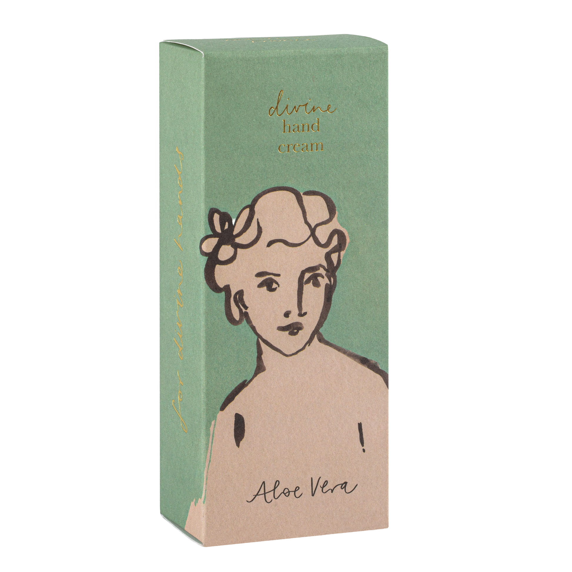 Eine grün- und hellbraune Schachtel mit der "Aloe Vera"-Handcreme von Archivist Gallery, verziert mit einer Strichzeichnung einer kurzhaarigen Büste und floralen Akzenten.