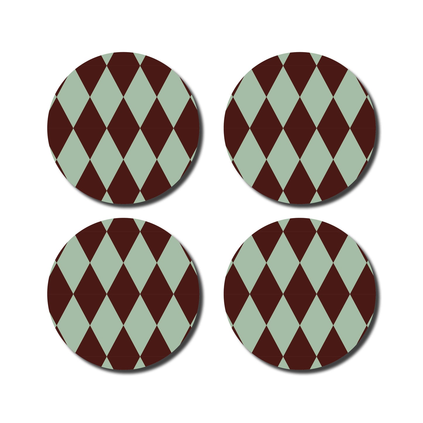 Vier runde Untersetzer aus Aluminium der De Lange Tafel - Untersetzer Diamond - Mint/Aubergine, mit symmetrischem Rautenmuster in Mint und Aubergine - nachhaltig und stilvoll für jedes moderne Zuhause.