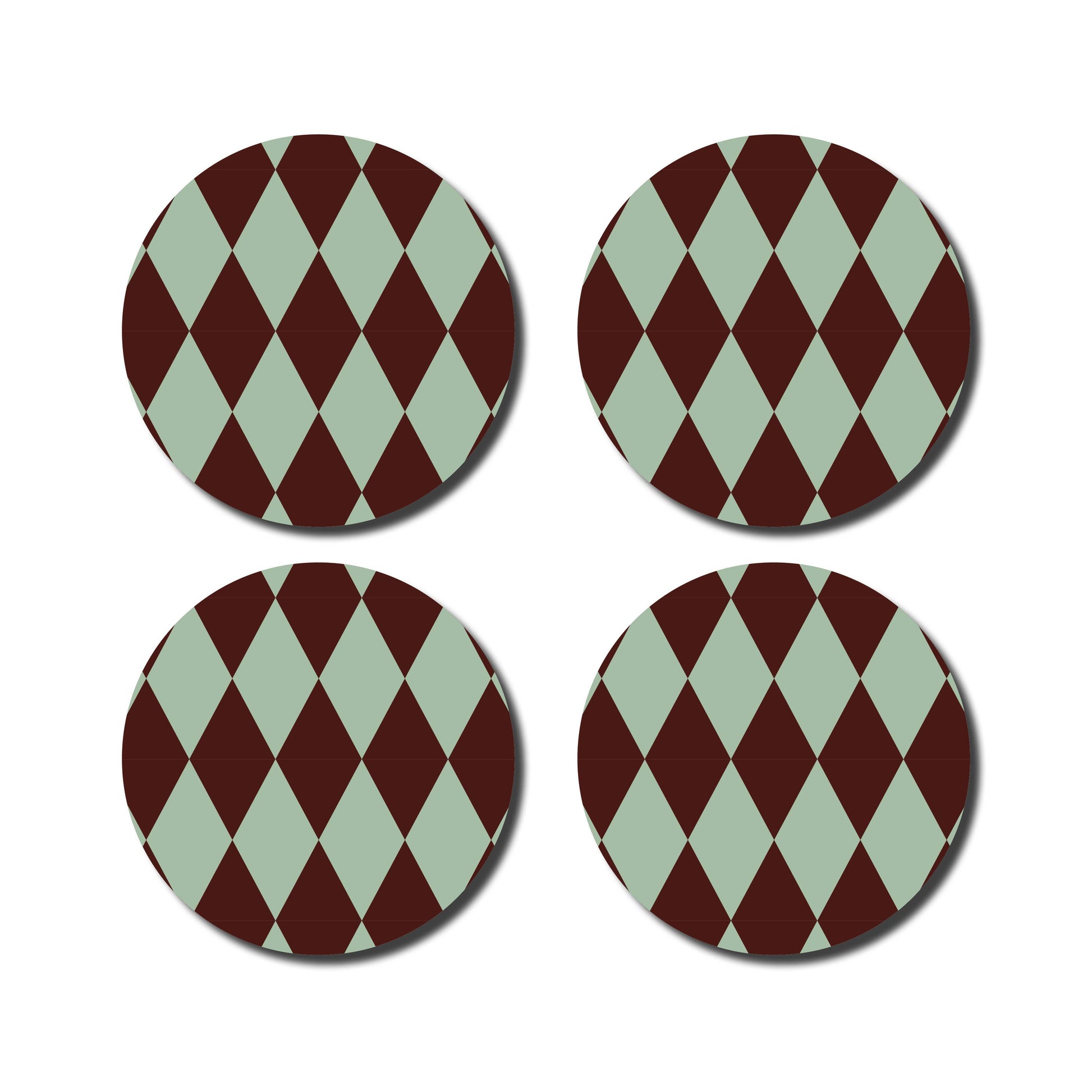 Vier runde Untersetzer aus Aluminium der De Lange Tafel - Untersetzer Diamond - Mint/Aubergine, mit symmetrischem Rautenmuster in Mint und Aubergine - nachhaltig und stilvoll für jedes moderne Zuhause.