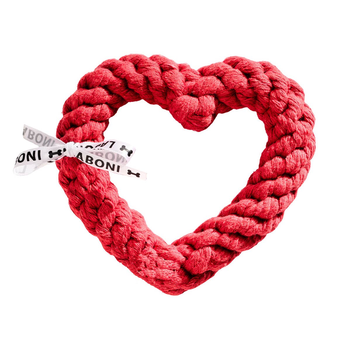 Ein herzförmiges, dickes rotes Hundespielzeug aus Baumwolle von LABONI, genannt Hertha Heart, mit einem weißen Band auf einer Seite und dem Aufdruck LABONI, entworfen für die Zahnpflege, abgebildet auf einem schlichten weißen Hintergrund.